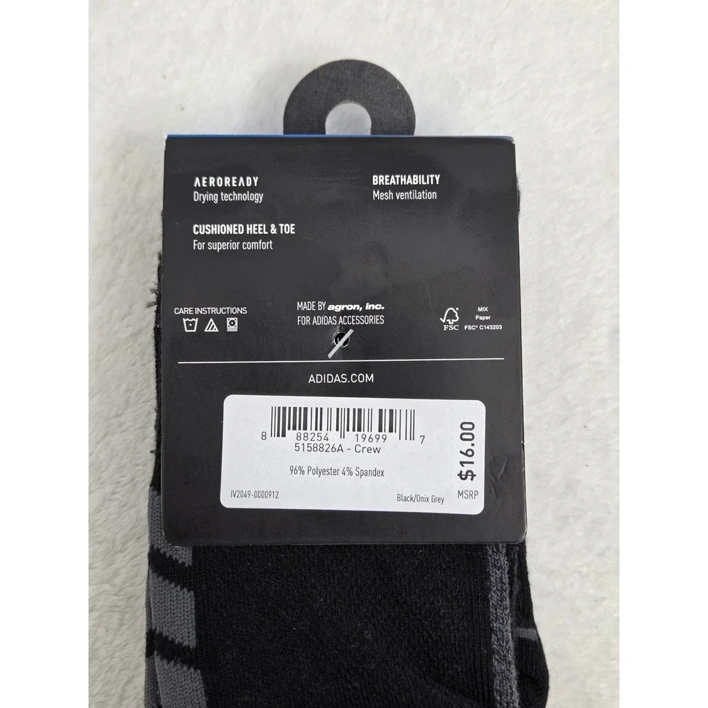 Adidas Mens Superlite Aeroready Crew Socks 3 Pair Pack Black Grey Shoe Size 6-12